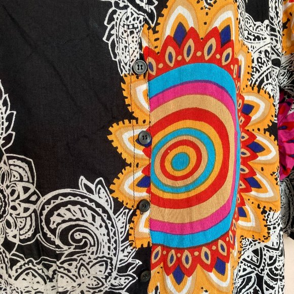 Nita Women's Tunic Dress Top Button Up 3/4 Sleeve Boho Black Multicolored XL/G - Picture 7 of 9